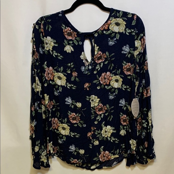 Gypsies & Moondust Tops - Gypsies & Moondust Blue Floral Cut Out Blouse